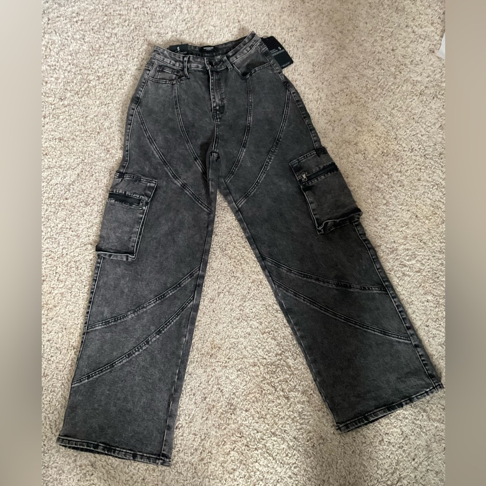 Acid Wash Black Cargo Wide Leg Loose Fit Jeans size small Chic
